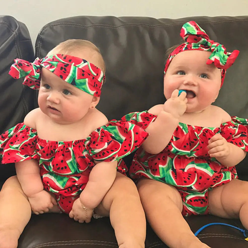 Watermelon Print Bodysuit Headband Short Sleeve Romper