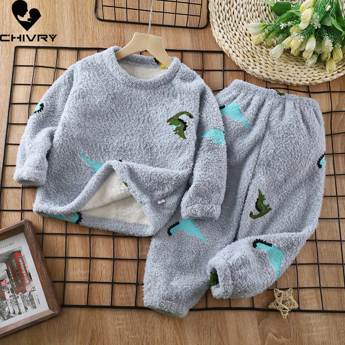 New Kids Autumn Winter Thicken Warm Flannel Pajamas Cute Cartoon O-neck Clothing Sets Baby Boys Girls Sleepwear Toddler Pyjamas