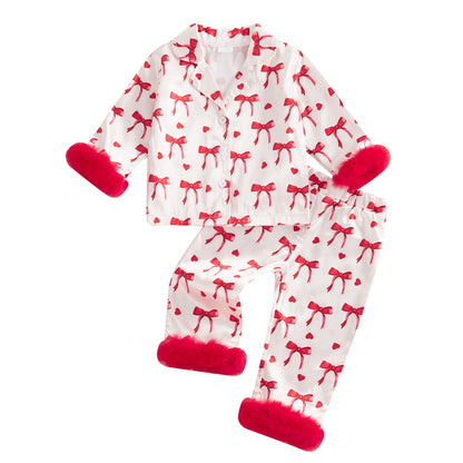 Valentine Pajamas Sets Bow Print Plush Long Sleeve Tops With Pants