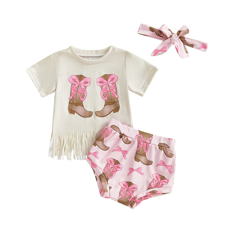 Girl Western Outfit Cow/Boot Short Sleeve Tassel T-shirt Elastic Waist Shorts Tie-up Headband Set