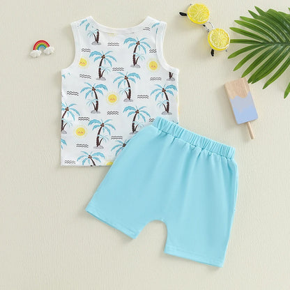 Boy Outfits Beach/Baseball Print Sleeveless Tank Tops and Elastic Shorts Set