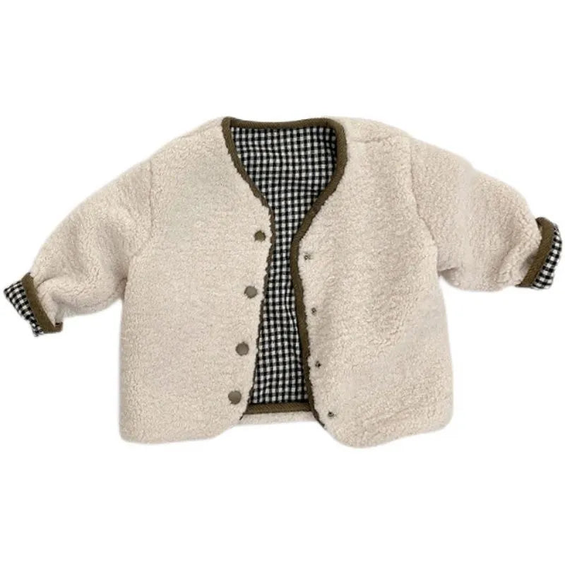 Korean Style Winter Boy Girl Reversible Clothes Beige/coffee Lambswool Plaid Single Breasted Jacket Children Warm Coat E89338