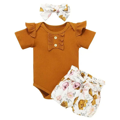 Summer Newborn Baby Girl Clothes Set Solid Color Short Sleeve Ruffle Romper Tops Flower Short Pants Headband 3Pcs Infant Outfits