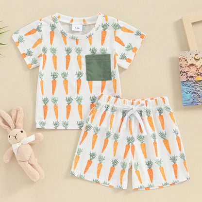 Carrot Print Short Sleeve Top Elastic Shorts Set