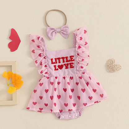 Heart Letter Embroidery Fly Sleeve Skirt  Bodysuits with Headband