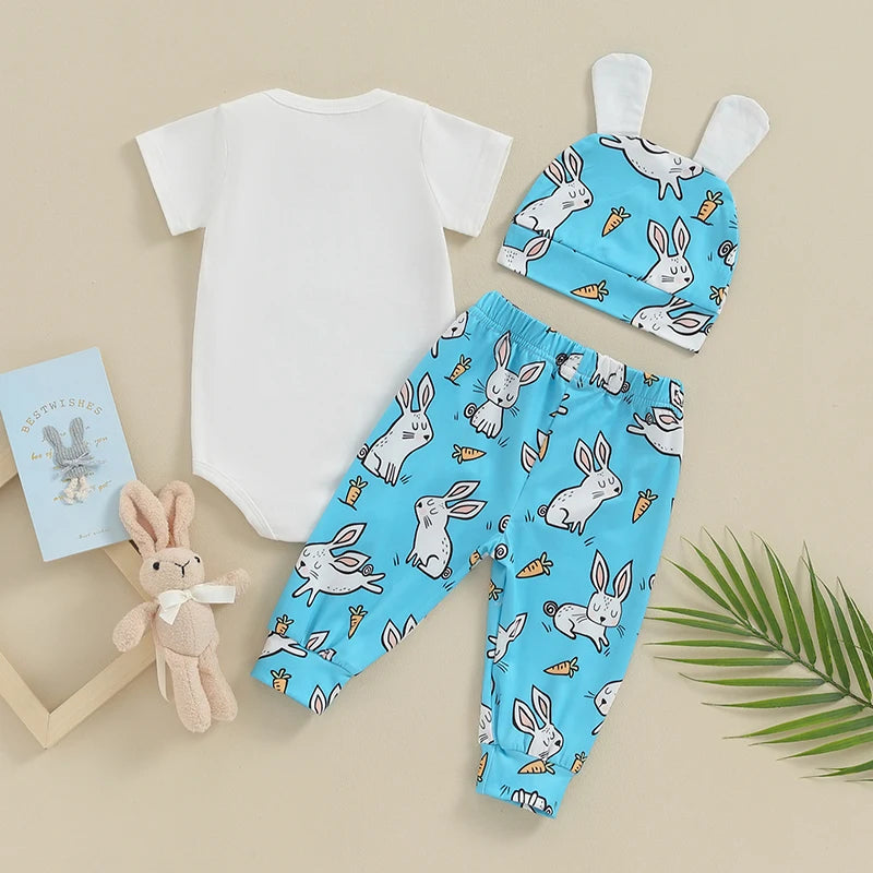 Long Sleeve Crew Neck Bunny Print Romper Tops and Pants with Bunny Hat