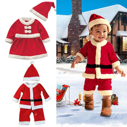 New Year Christmas Costume Kids Baby Clothing Sets Winter Fleece Tops+Pants+Hats Boys Girls Children Clothes Santa Claus Outfit