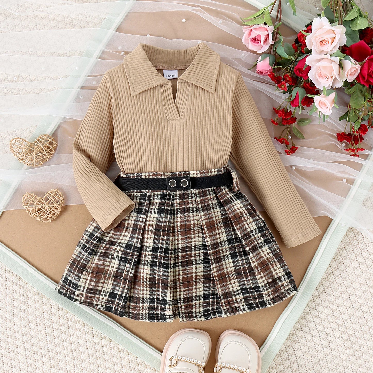 3PCS Autumn New Style 1-5 Year Old Middle And Middle School Girls Fashion College Style Solid Color Pit Top + Plaid Skirt Set