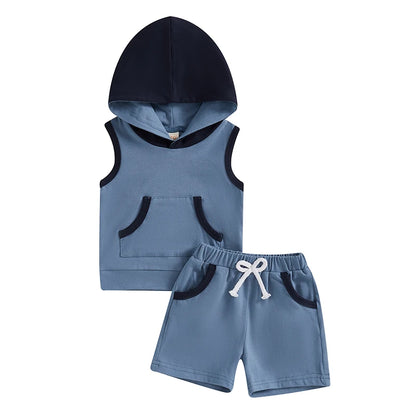 Baby Boy Shorts Set Contrast Color Sleeveless Hooded Tank Tops Elastic Waist Shorts