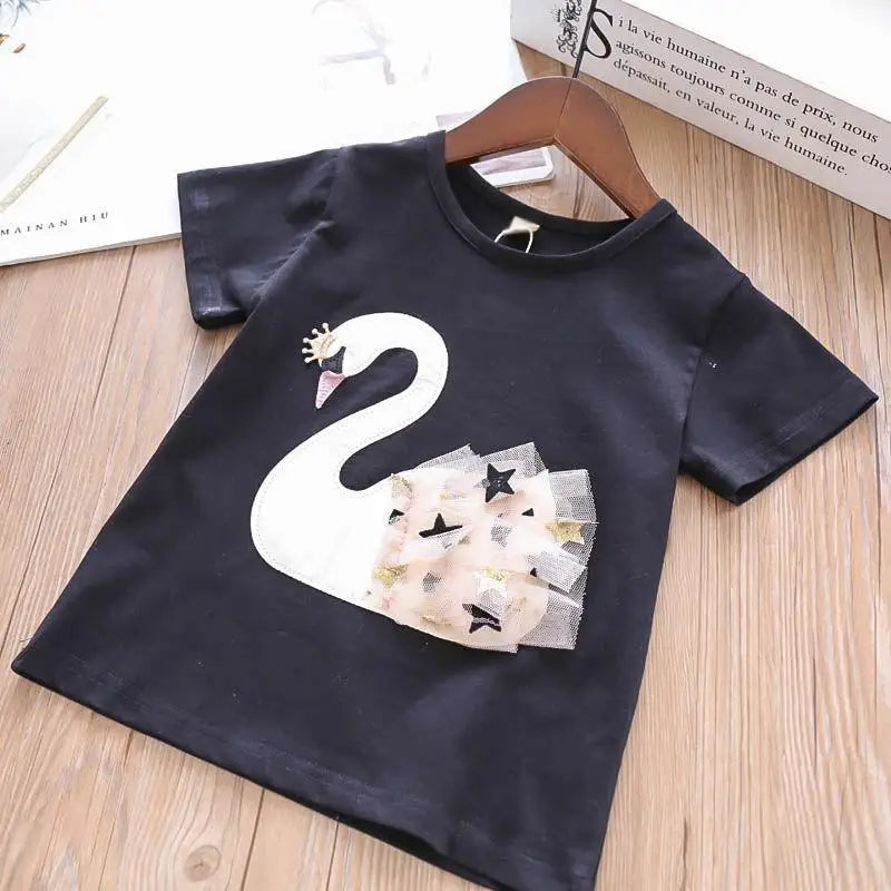 Swan T-Shirt+Sequin Skirts 2Pcs Outfits