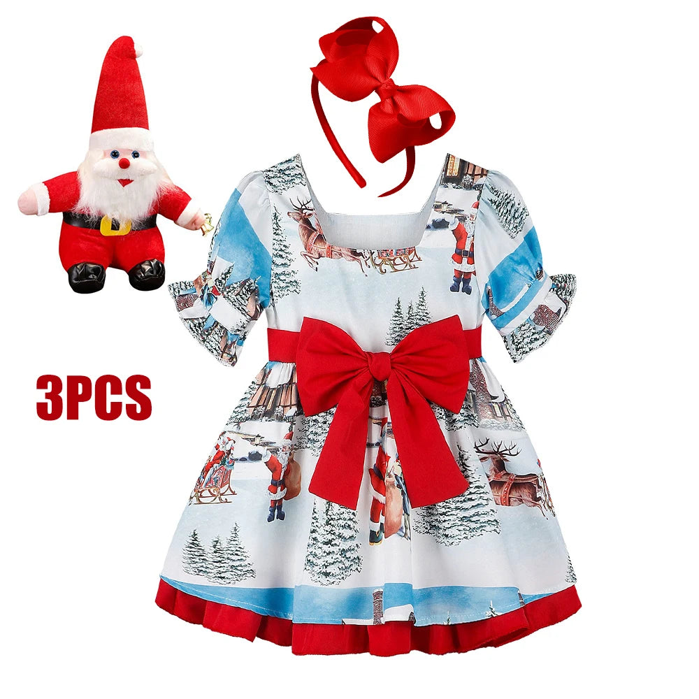 Christmas Bow Dress Kids Full Printing Casual Elk Xmas