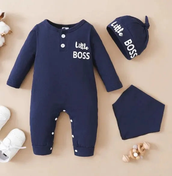 Baby Boy Romper Long Sleeves Letter Print Jumpsuit+Hat