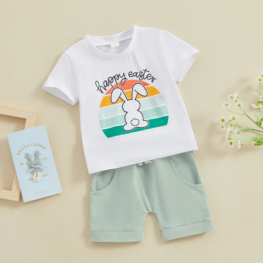 Bunny Letter Print Short Sleeve T-Shirt with Solid Shorts Set