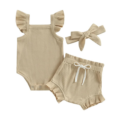 Girls 3Pcs Summer short sleeve top and ruffled shorts