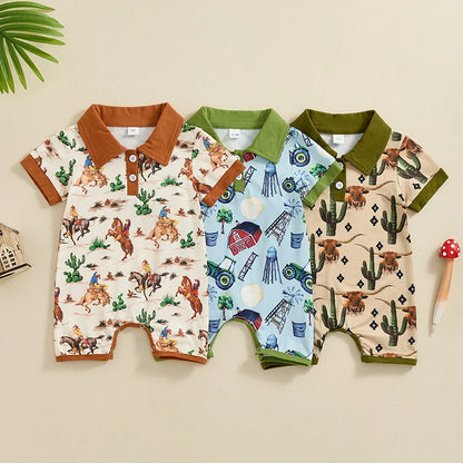 Short Sleeve Lapel Western Elements Print Jumpsuit