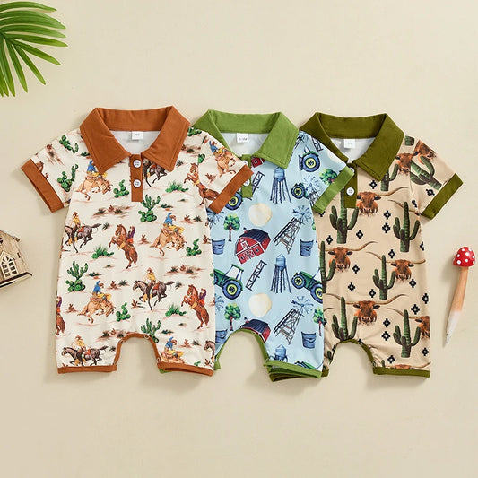 Short Sleeve Lapel Western Elements Print Jumpsuit