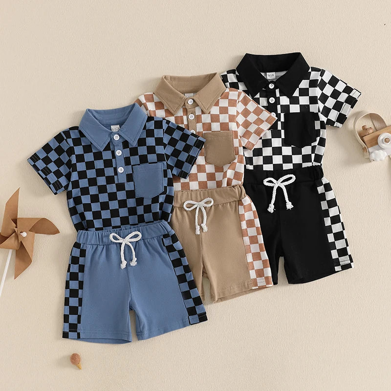 Short Sleeve Lapel Checkerboard Print Tops and Drawstring Shorts Sets