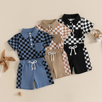 Short Sleeve Lapel Checkerboard Print Tops and Drawstring Shorts Sets