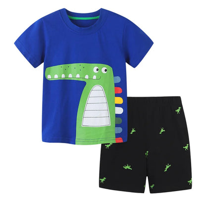 Cartoon Casual Tops and Pant with Dinosaur Blue Cotton Soft and Comfort for Kids