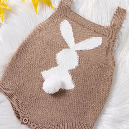 Bunny Print Square Neck Sleeveless Knit Rompers