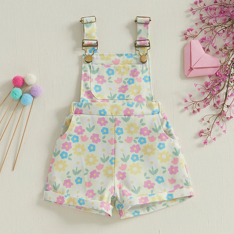 Baby Girl Overalls Sleeveless Square Neck Floral Print