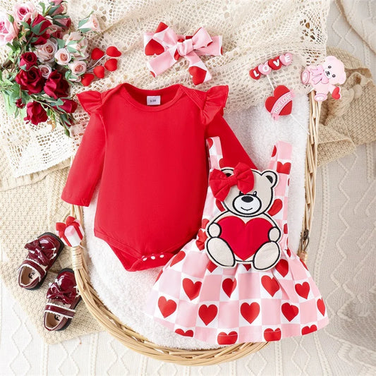 Long Sleeve Heart Printed Romper Top Ruffle Suspender Skirt