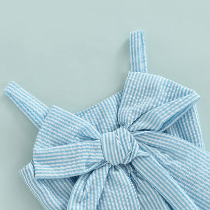 Girl 2Pcs Sweet Clothing Set Striped Print Big Bow Embellished Vest