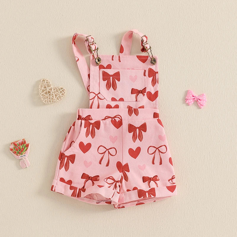 Girl Suspender Shorts Bow Heart Print Sleeveless Overalls