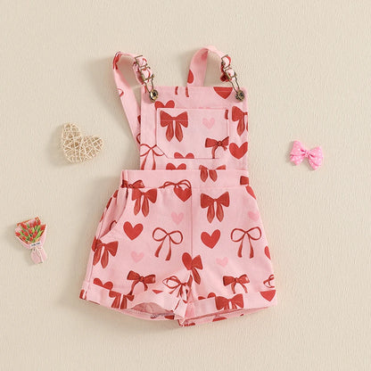 Girl Suspender Shorts Bow Heart Print Sleeveless Overalls