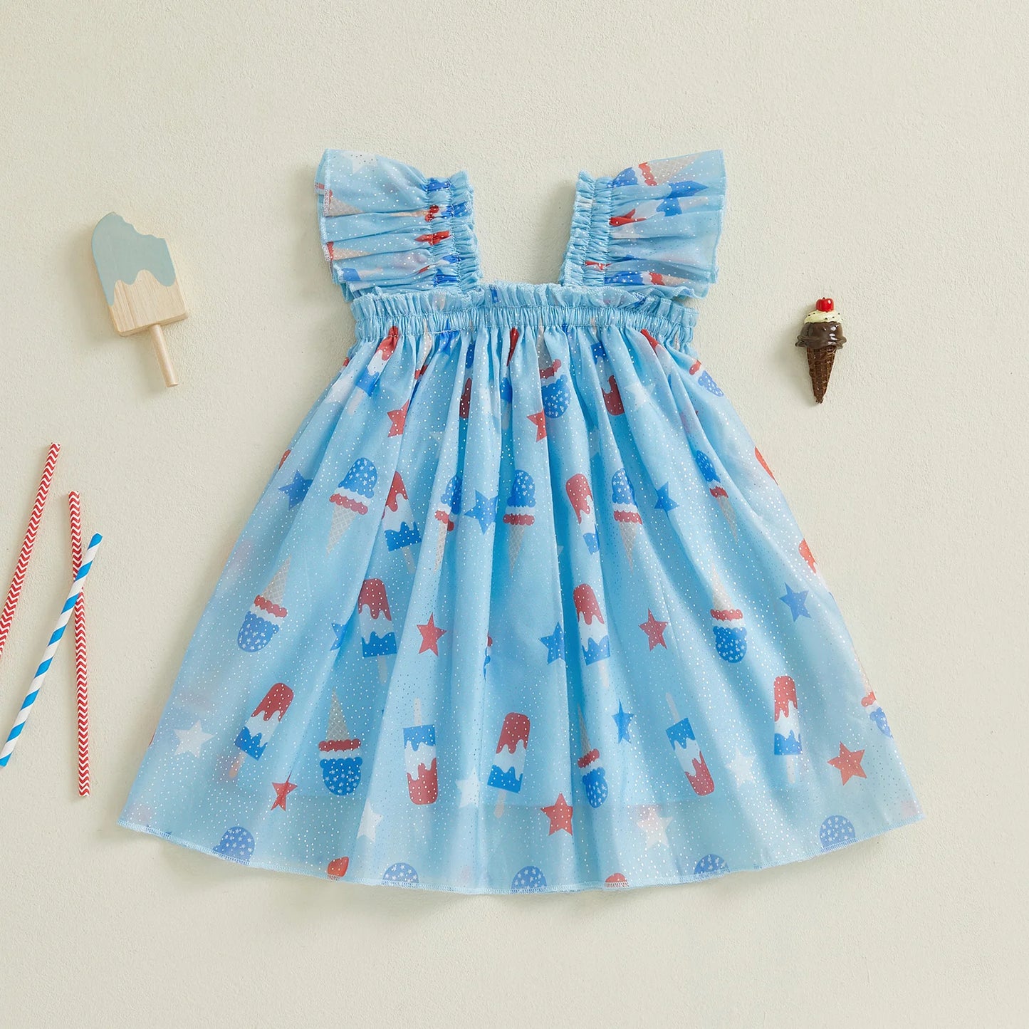 Girls Fourth of July Cami Dress Sleeveless Star Popsicle Print