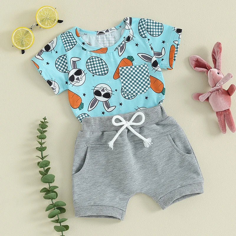 Rabbit Print T-shirt with Elastic Waist Shorts 2-piece Short Sleeve