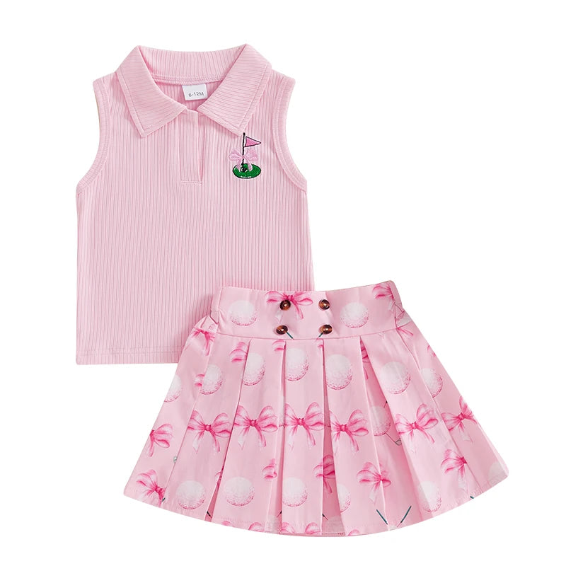 Sleeveless Tank Tops and Golf Print Pleated A-Line Skirt Set