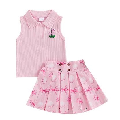 Sleeveless Tank Tops and Golf Print Pleated A-Line Skirt Set