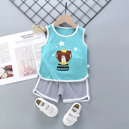 Summer Toddler Boy Girl Clothes Baby Boys Cotton Vest+Shorts 2 Pcs Sets Kids Clothes Boys Girls Cartoon Vest Sleeveless T Shirts