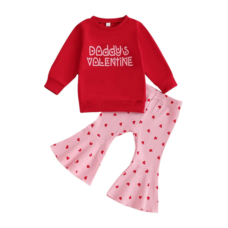 Letter Print Long Sleeve Sweatshirt Heart Print Ribbed Flare Pants Valentines Day outfit