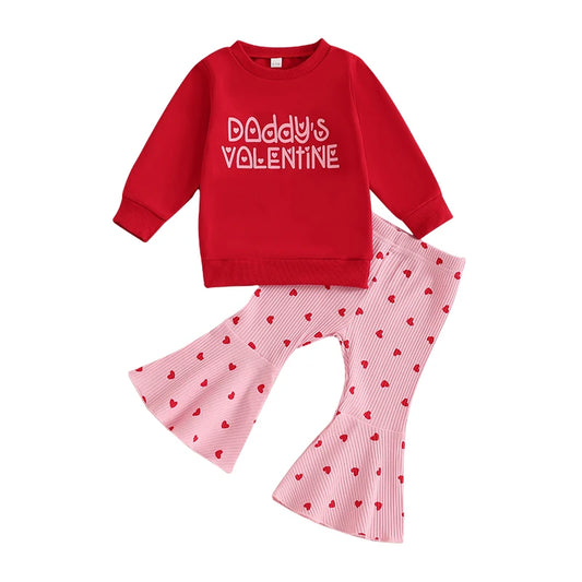 Letter Print Long Sleeve Sweatshirt Heart Print Ribbed Flare Pants Valentines Day outfit