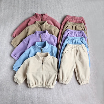 Toddler Fleece Solid Color Hoodies Outfit 2PCS