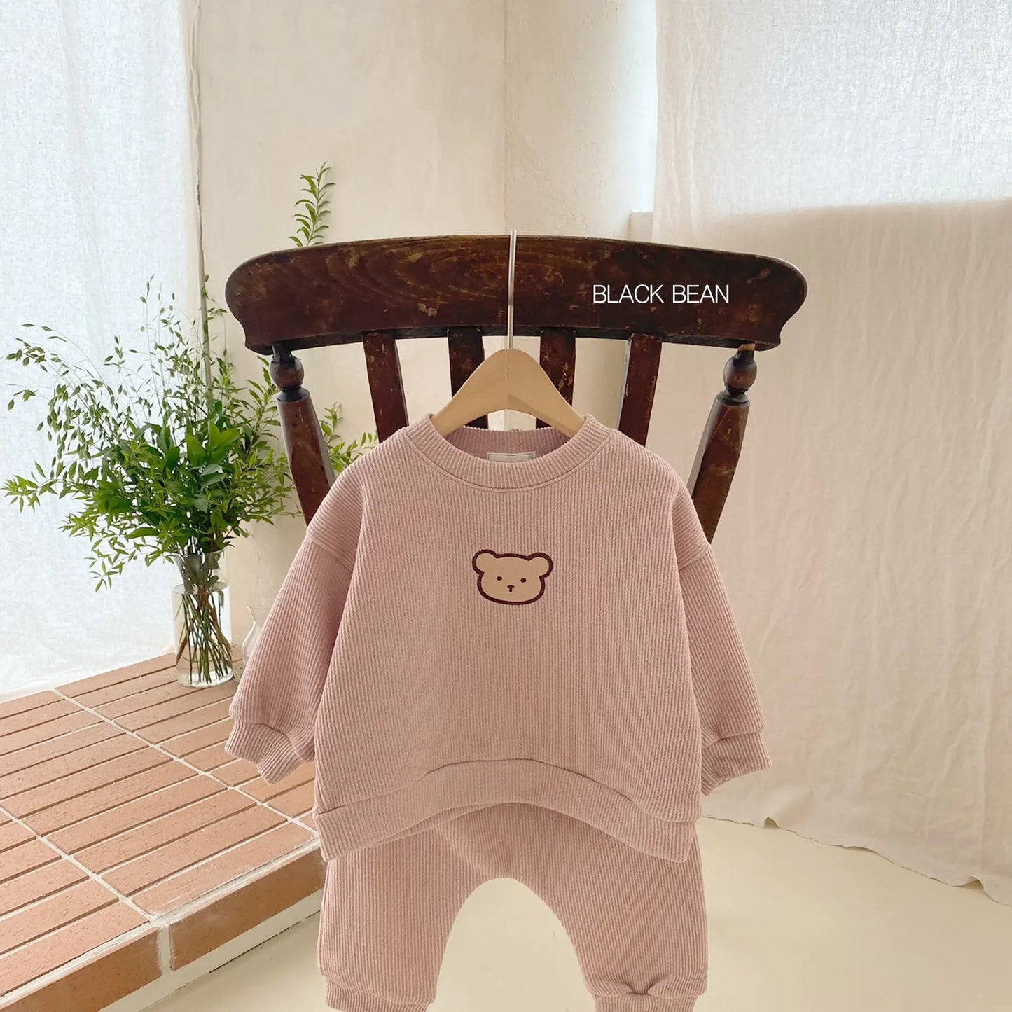 Toddler Embroidered Bear Hoodie Long-sleeved Sweatshirt Pants Set