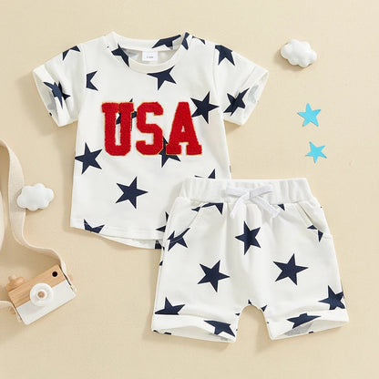 Boys 4th of July Short Sleeve Embroidery Letters T-shirt with Stars Print + Shorts Outfit