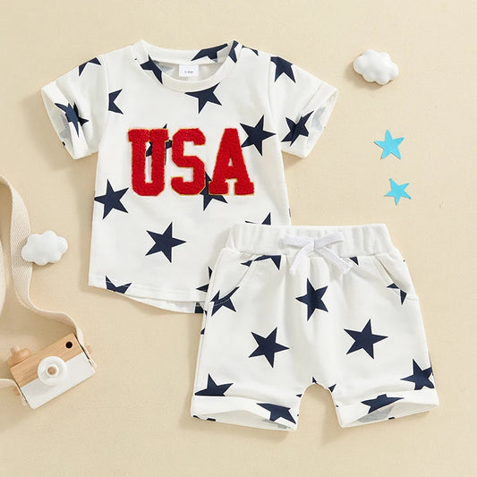 Boys 4th of July Short Sleeve Embroidery Letters T-shirt with Stars Print + Shorts Outfit
