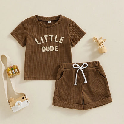 Fuzzy Letter Waffle Short Sleeve T-Shirts Tops Elastic Waist Shorts Set Outfit