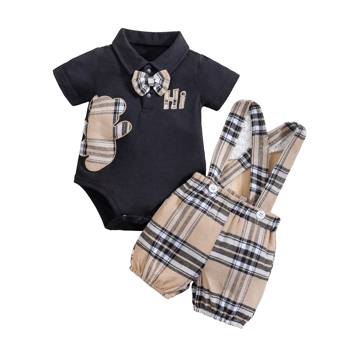 Short Sleeve Plaid Bear Bodysuit+Suspenders Trousers Set