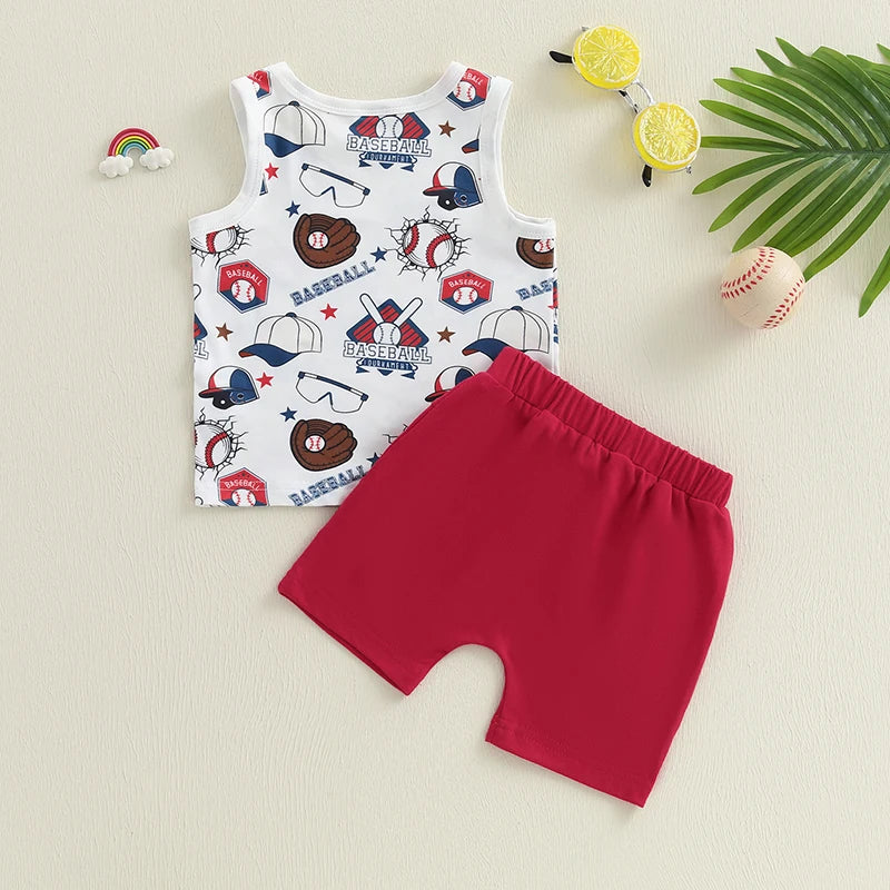 Boy Outfits Beach/Baseball Print Sleeveless Tank Tops and Elastic Shorts Set