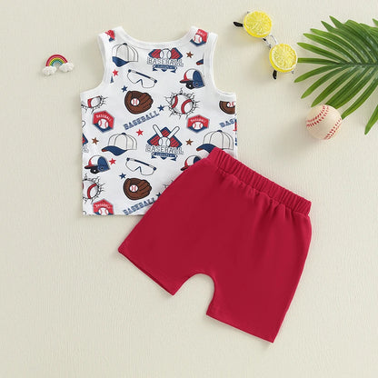 Boy Outfits Beach/Baseball Print Sleeveless Tank Tops and Elastic Shorts Set