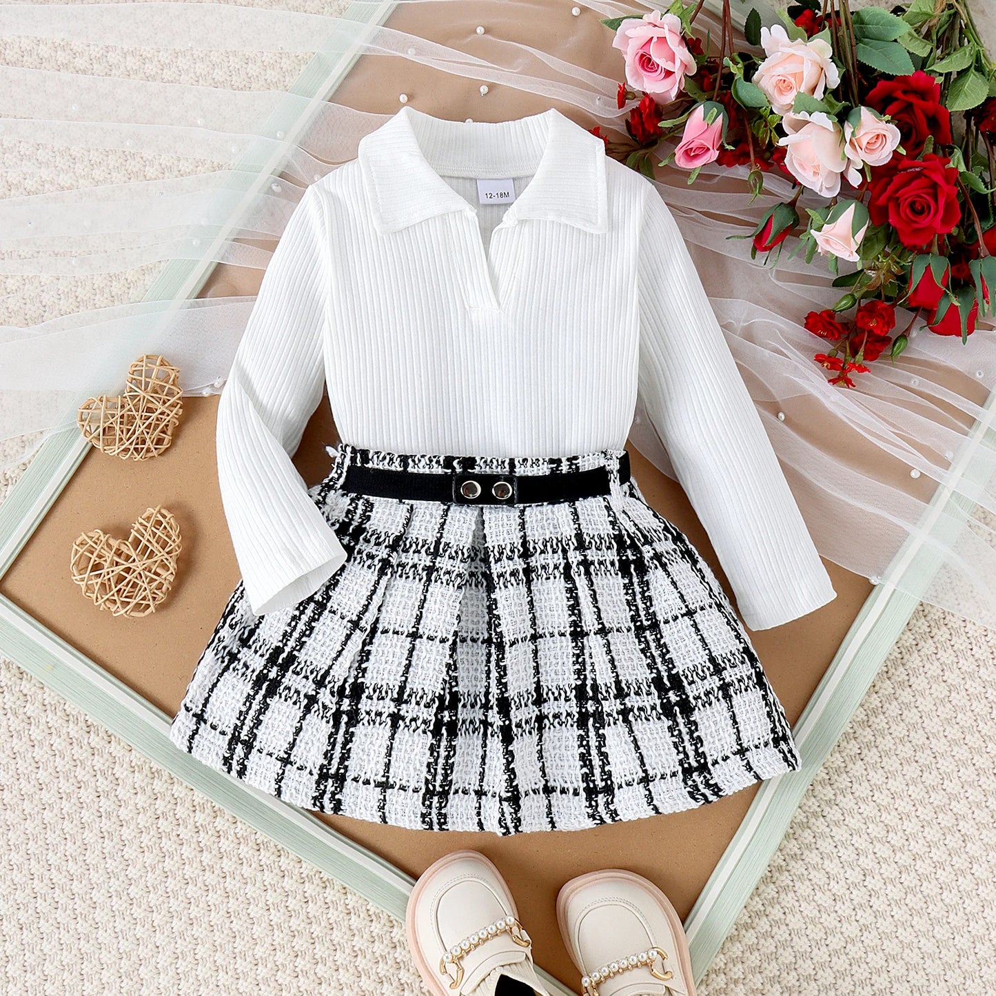 3PCS Autumn New Style 1-5 Year Old Middle And Middle School Girls Fashion College Style Solid Color Pit Top + Plaid Skirt Set