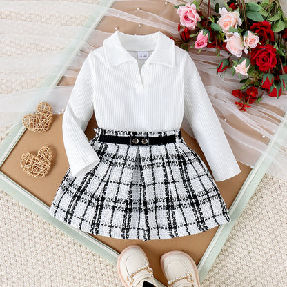 3PCS Autumn New Style 1-5 Year Old Middle And Middle School Girls Fashion College Style Solid Color Pit Top + Plaid Skirt Set