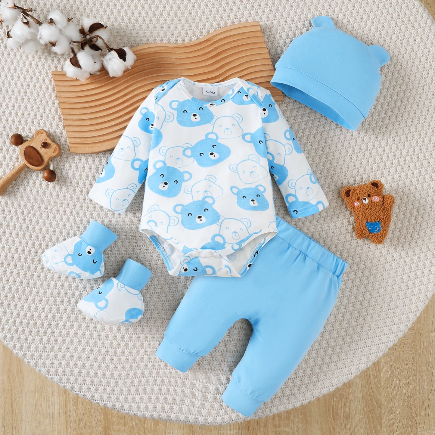 Little bear Long sleeved Jumpsuit+Long Pants+Hat+Socks 4Pcs/Set