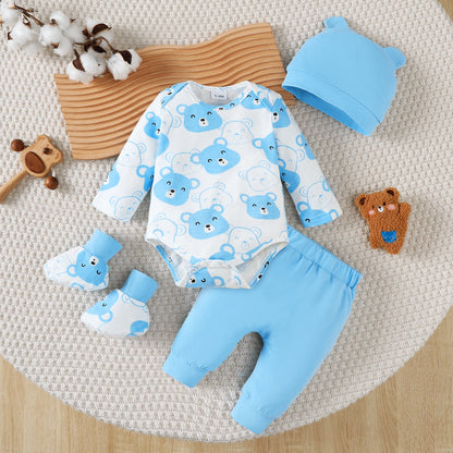 Little bear Long sleeved Jumpsuit+Long Pants+Hat+Socks 4Pcs/Set