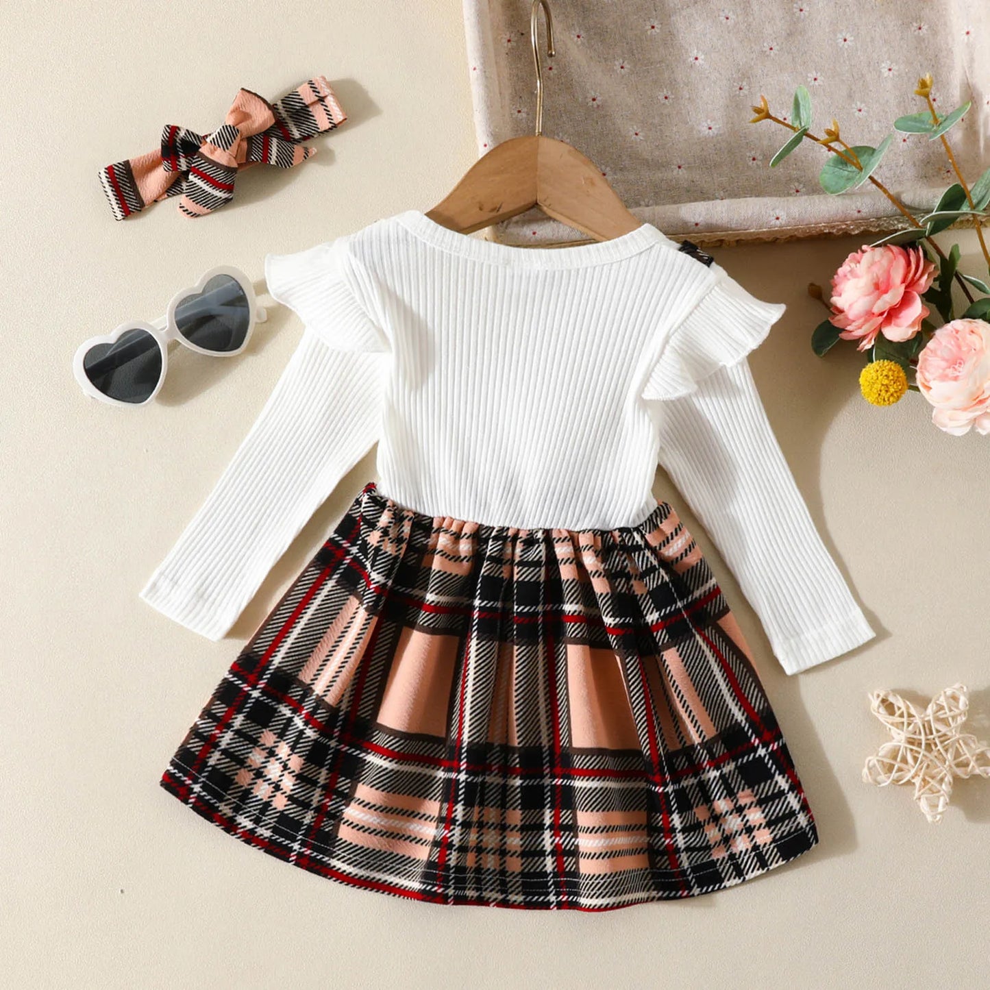 0-18M Christmas Newborn Infant Baby Girls Dress Bowknot Ribbed Ruffle Long Sleeve Plaid Dress With Headband Xmas Outfits Costume