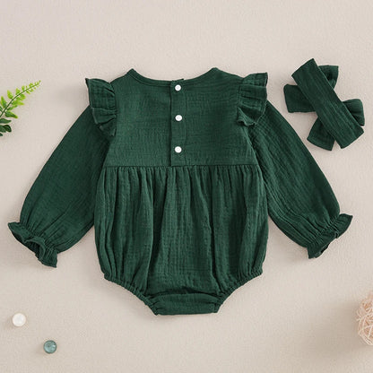 Newborn Infant Baby Girl Clothes Long Sleeve Smocked Bubble Romper Bodysuit with Headband Cute Fall Winter Outfit